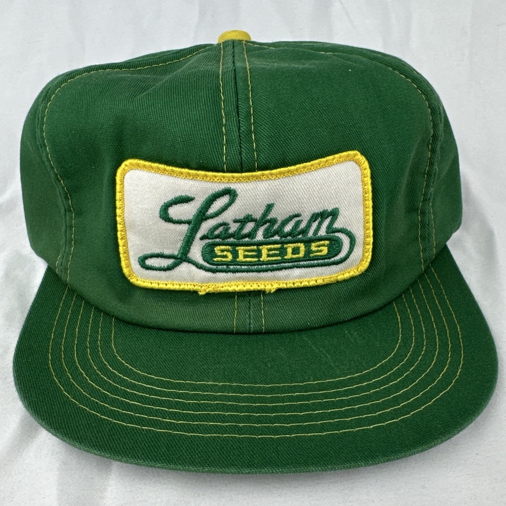 Vintage 80s Latham Seeds Farm Hat K-Products USA Green Snapback Cap